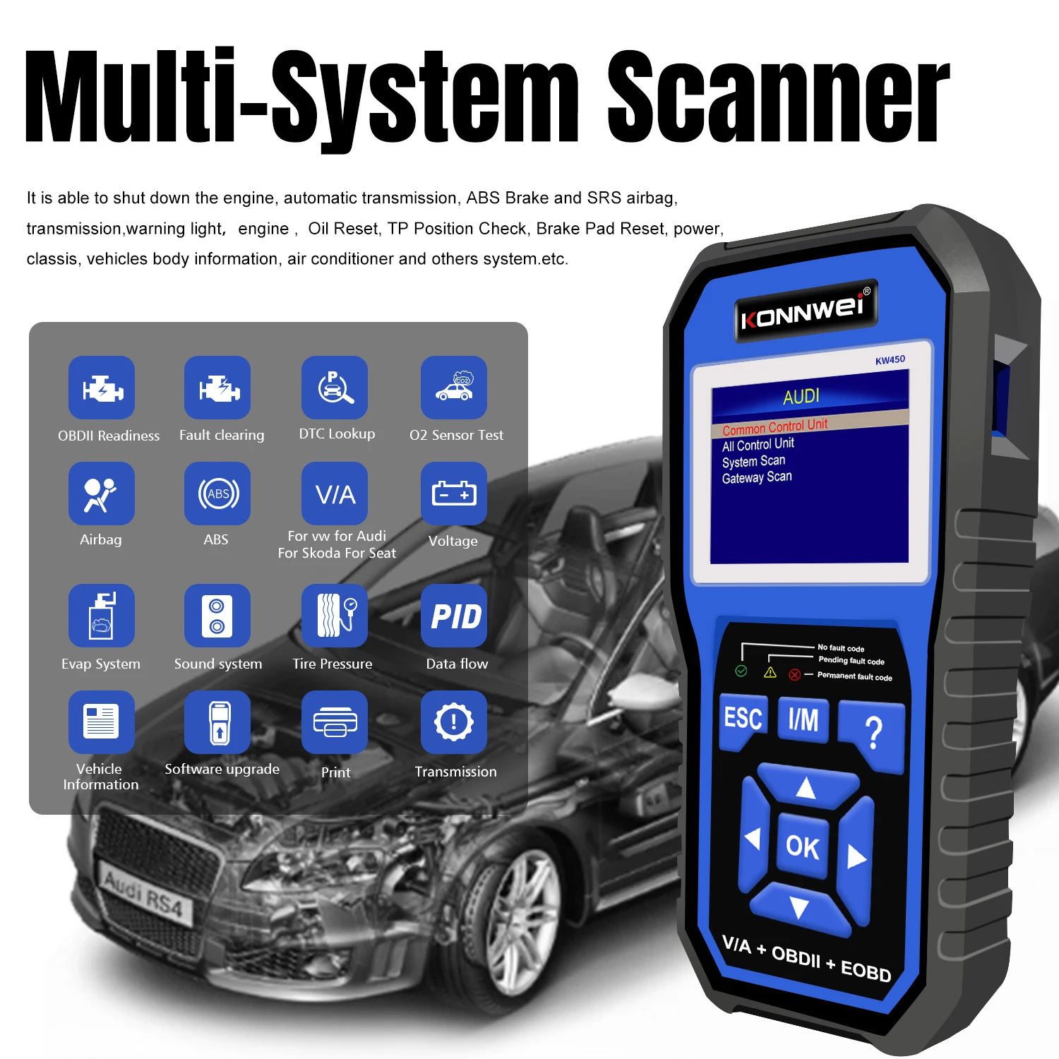 KONNWEI KW450 Full Systems OBD2 Diagnostic Tool VW Audi SEAT SKODA ABS Airbag Oil EPB DPF SRS TPMS Reset Scanner VAG COM