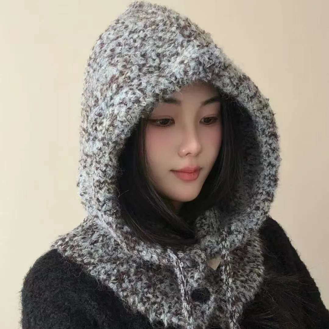 Korean Snowflake Color Dot Balaclava Hat Women Autumn Winter Warm Atmosphere Lace-up Knitted Hat Neck Protector Wool Bomber Hat