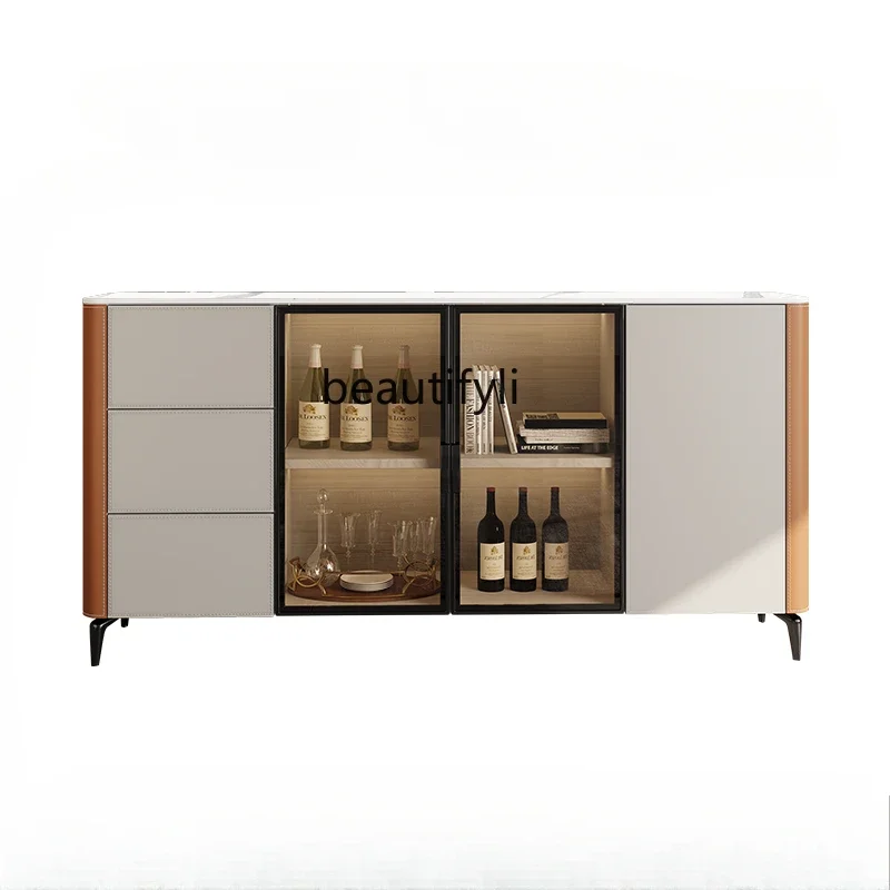 

Minimalist dining side cabinet Modern solid wood simple entrance Light luxury saddle leather side cabinet Slate wine cabinet