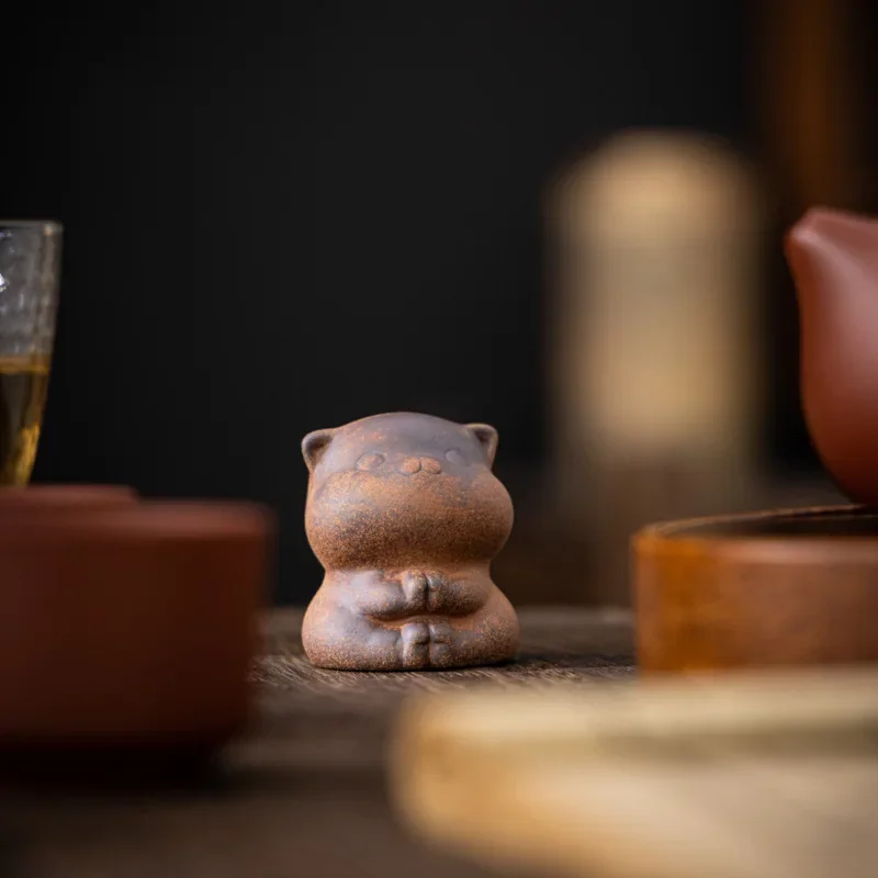 Old rock mud cute cat turtle ingot tea pet ornament tea table decoration retro small ornament ceramic tea path cover