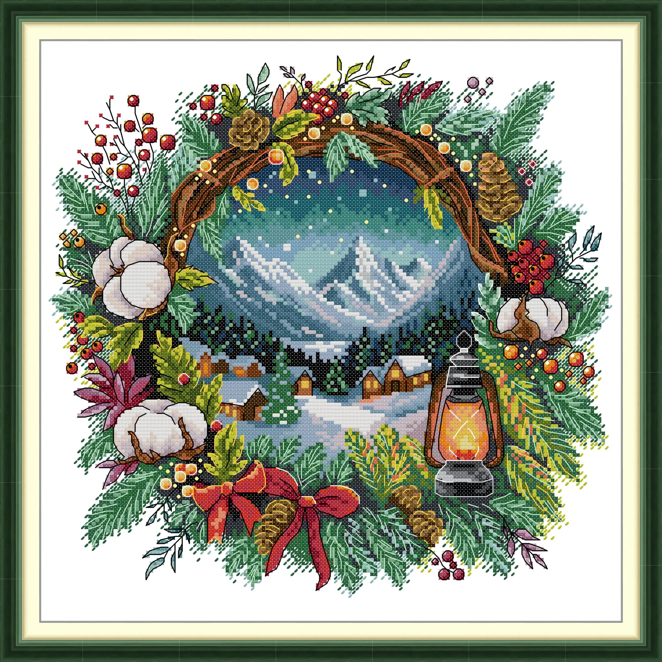 News Pre-Printed Cross Stitch Kit, Stamped Aida Fabric With DMC Threads,Easy To Follow - Winter In A Wreath