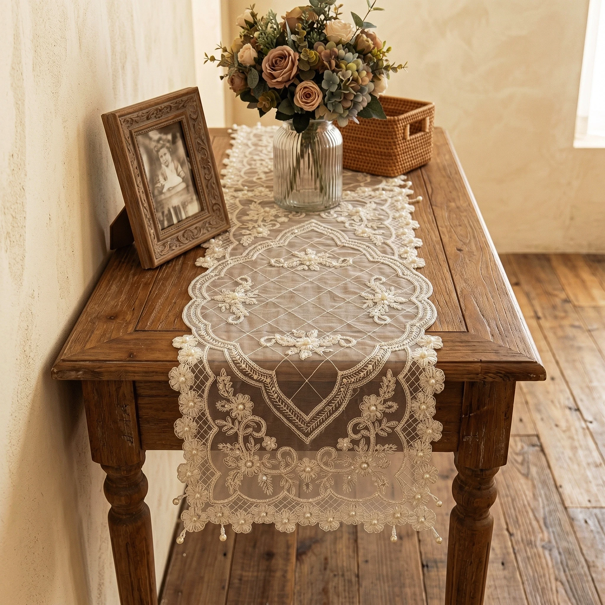 Luxury Beaded Tablecloth Handmade Table Runner Wedding Lace Table Cover Coffee Table Serving Decor Fabric Furniture Centerpieces