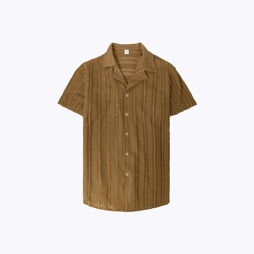 2025 Summer New Style Fashion Short-Sleeved Solid Color Shirt with Collarless Open Design for Men in Europe and America