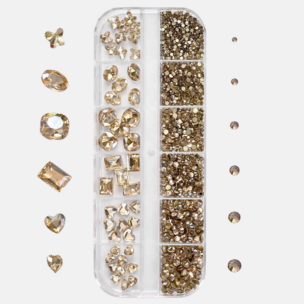 12 شبكة بني فاتح أحجار الراين لخريف مسمار الفن ثلاثية الأبعاد مربع القلب البيضاوي الماس الزجاج الأحجار الكريمة لتقوم بها بنفسك مانيكير زينة لوازم
