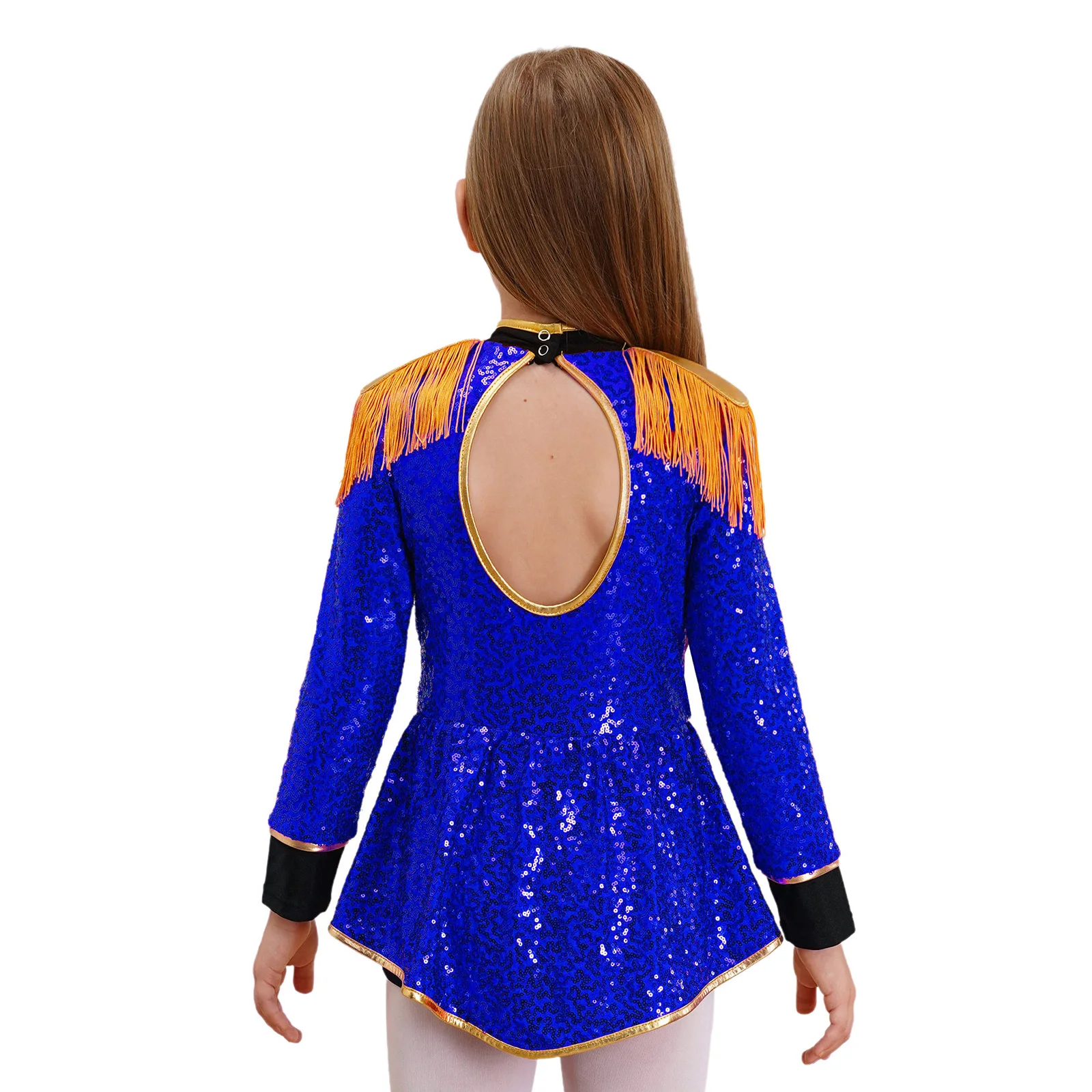 Kids Girls Circus Ringmaster Costume Marching Band Drummer Fancy Dress Up Halloween Carnival Party Shiny Sequins Tassel Leotard