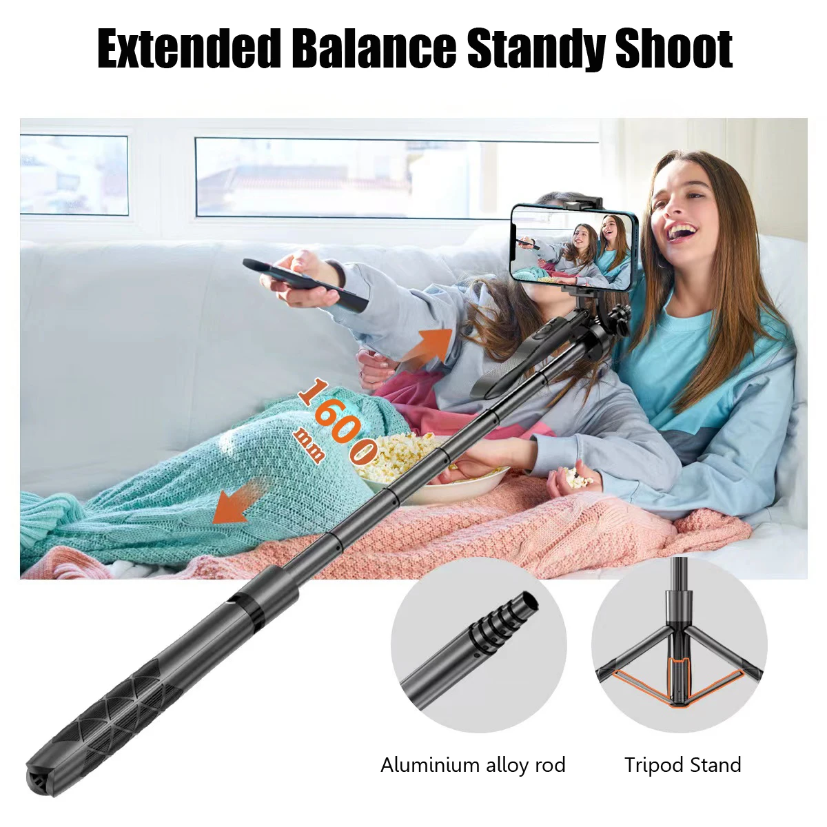 1.6M Long Extended Bluetooth Wireless Selfie Stick 360° Horizontal Vertical Panoramic Balance Shooting Live Broacast Foldable