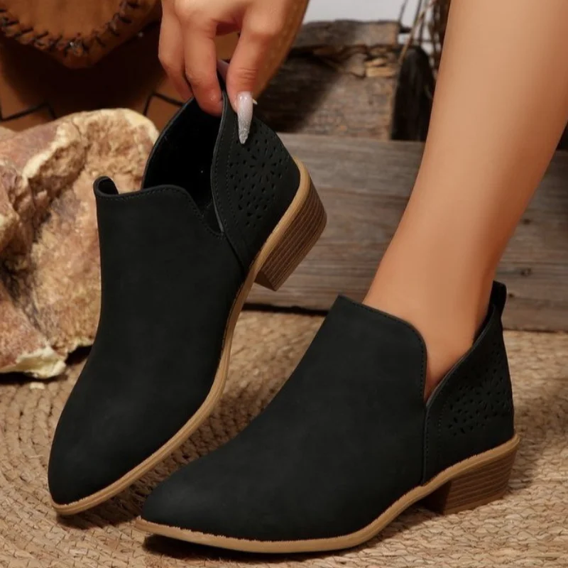 Chelsea-Stiefel für Damen, Western-Cowboy-Stiefeletten, klobiger Absatz, aushöhlen, 2025, Herbst, britischer Stil, niedriger Absatz, Größe 43