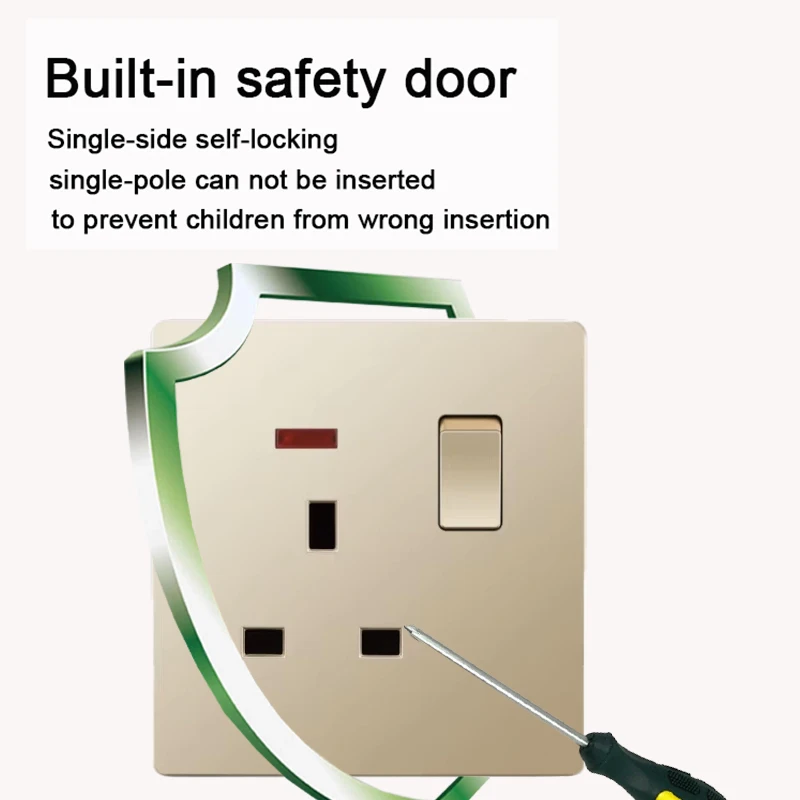 Uk Standard 13A Gold USB Plug Wall Power Socket Light Switch,220V Universal 6-hole Dual Socket with 2.1A Usb Charging Port