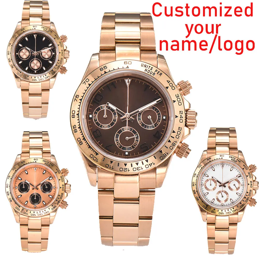 VK63 Customized Logo 39.3mm Case Rose Watch Stainless Steel Case Japanese VK63 Quartz Movement Chronograph Men\'s Watch