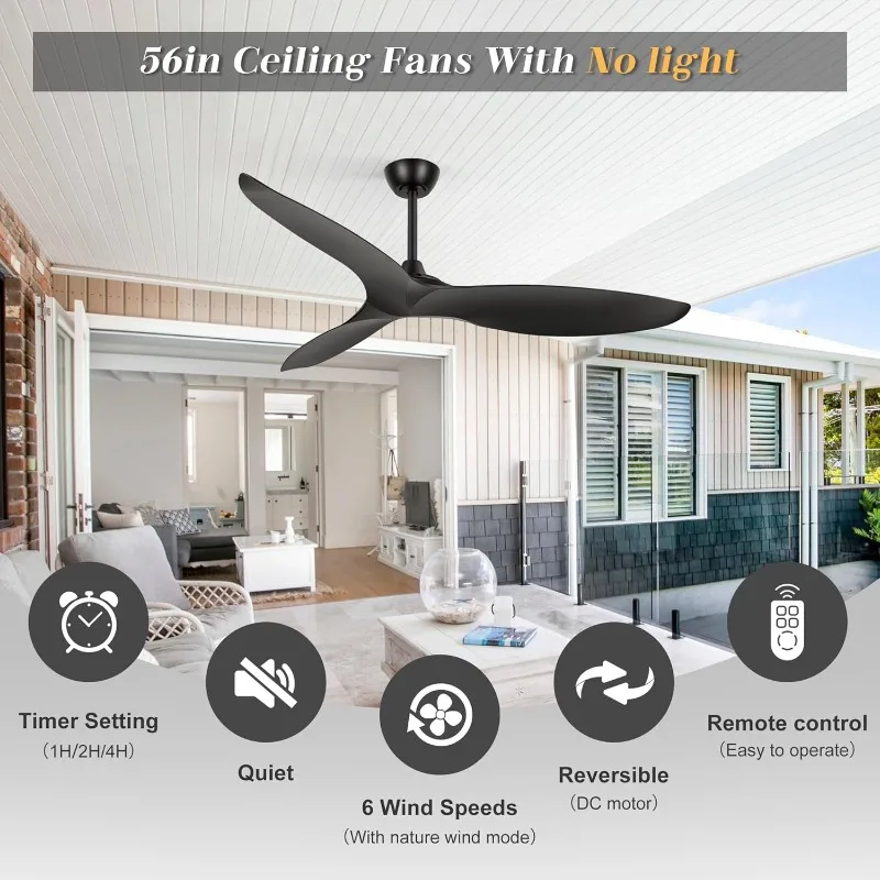 Ventilatori da soffitto da 56 pollici senza telecomando leggero, motore CC reversibile silenzioso, 3 pale, 6 velocità del vento, timer, soffitto per interni/esterni