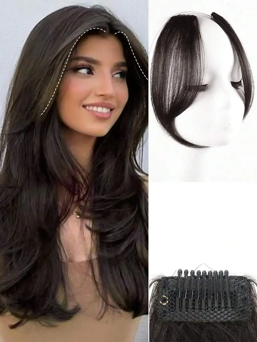 

2Pcs Side Bangs Clip In Bangs Hair Extension Heat Resistant Synthetic Fiber French Bangs Wave Middle Part Fringe Swept Natural Look Hair Piece Invisible Seamless Skin Weft Soft Hair Curtain Bangs For Women