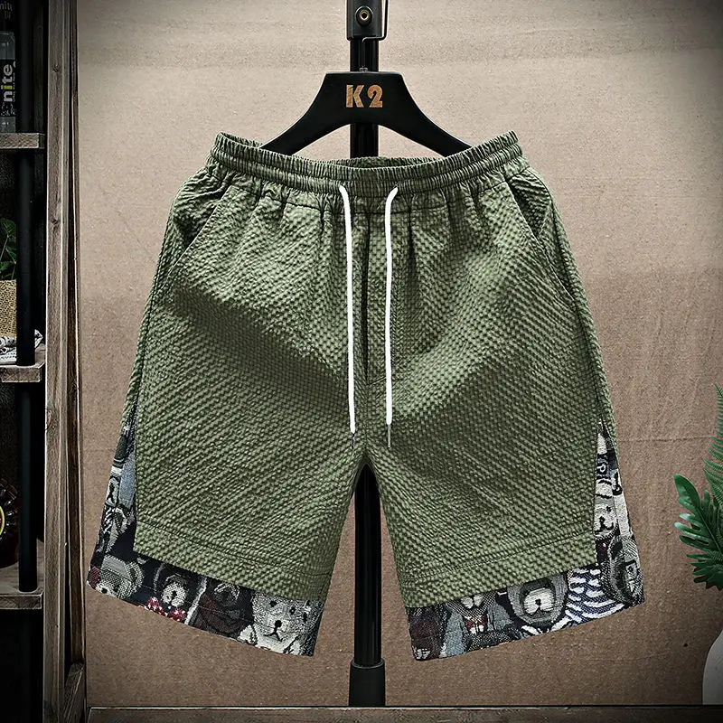 Estilo chinês masculino com elástico na cintura calções estampados com cordão, shorts retos na altura do joelho, casual solto e fino patchwork, tendência verão