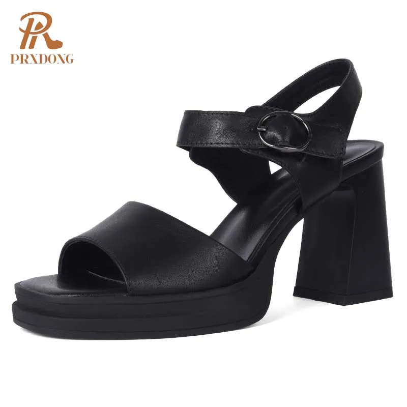 

PRXDONG Genuine Leather Women Sandals Chunky High Heel Platform Ankle Strap Black Beige Dress Party Office Lady Pumps Summer 39