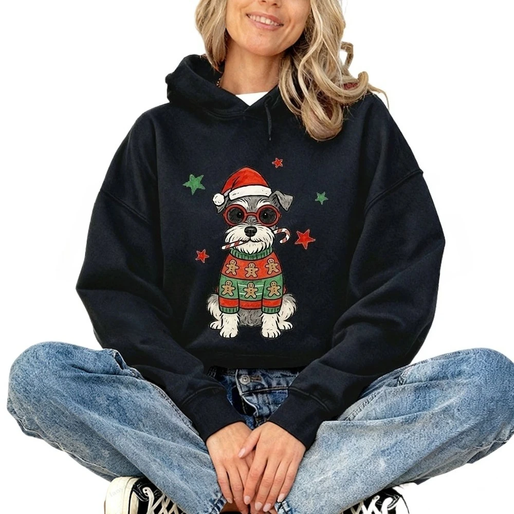 New Christmas Dog Holiday Schnauzer Hoodie Gift Retro Seasonal Funny Festive Season Apparel Xmas Dog Fall Winter Warm  Women Top