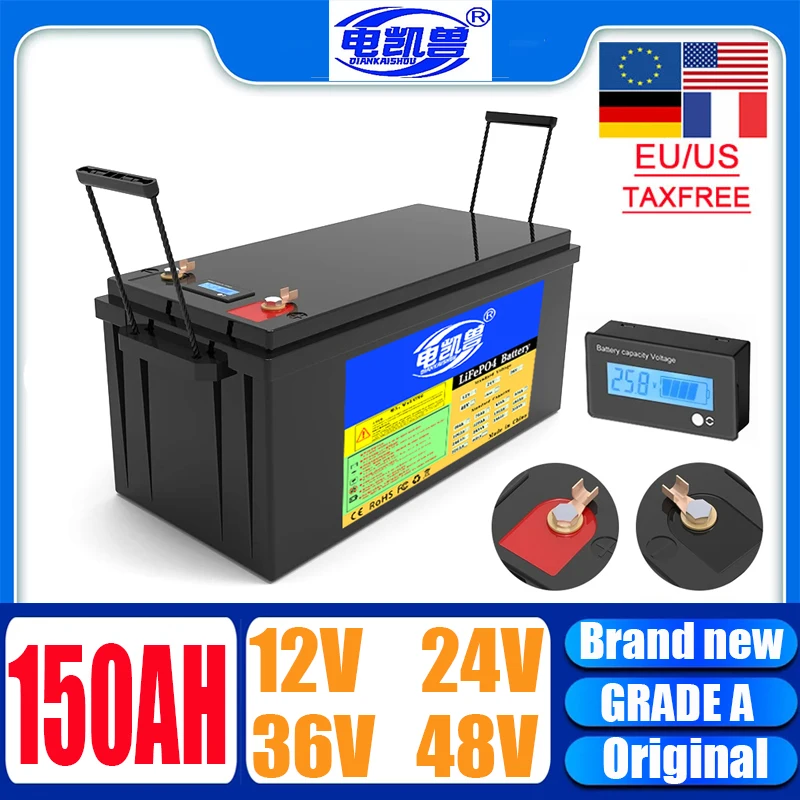 New 12V 24V 36V 48V 300ah 150ah 100ah Lifepo4 battery pack, built-in BMS 0-4800W motor RV electric boat starting battery pack