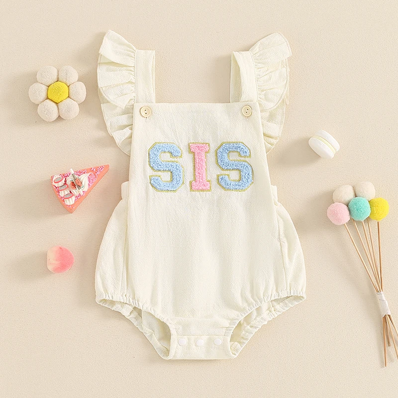 

Baby Girls Cute Lace Backless Romper Fly Sleeve Embroidery Letters Infant Bodysuit Summer Sunsuits Clothes for Casual Daily