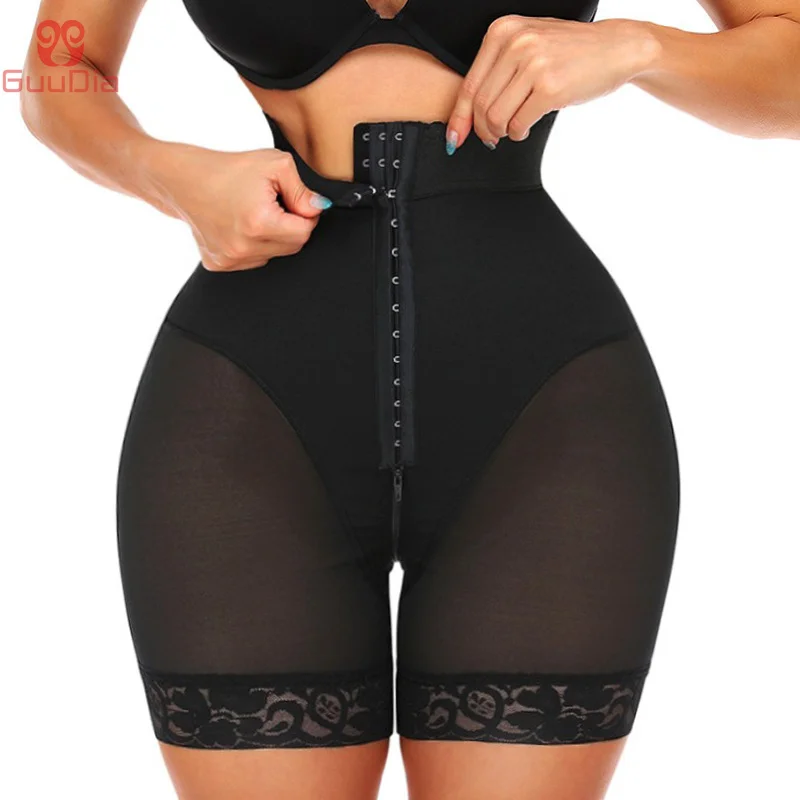 

GUUDIA Open Zipper Crotch Row Buckle Plus Size Butt Lifter Fajas Colombianas Shapewear High Waist LaceTummy Control Panty Shorts