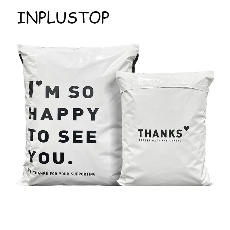 INPLUSTOP 50PCS White Color Thicken Express Bag THANKS Printing Waterproof Clothing Parcel Packaging Bags Envelope Courier Pouch