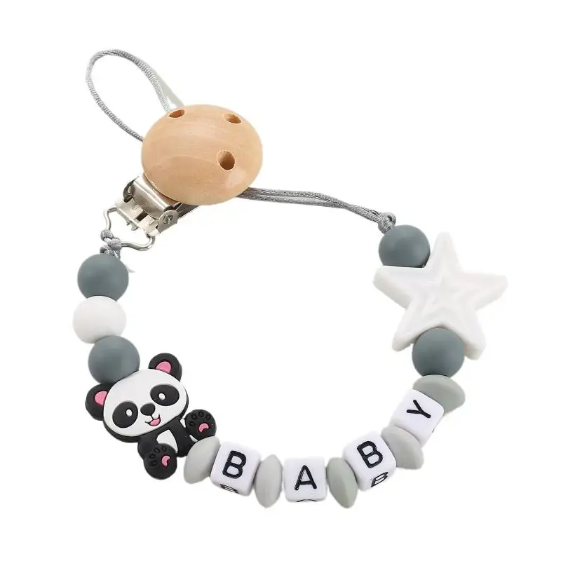 

NEW Custom Personalized Name Pacifier Clip Handmade Panda Chain Silicone Star Holder Soother Baby Teething Toy Chew Gift