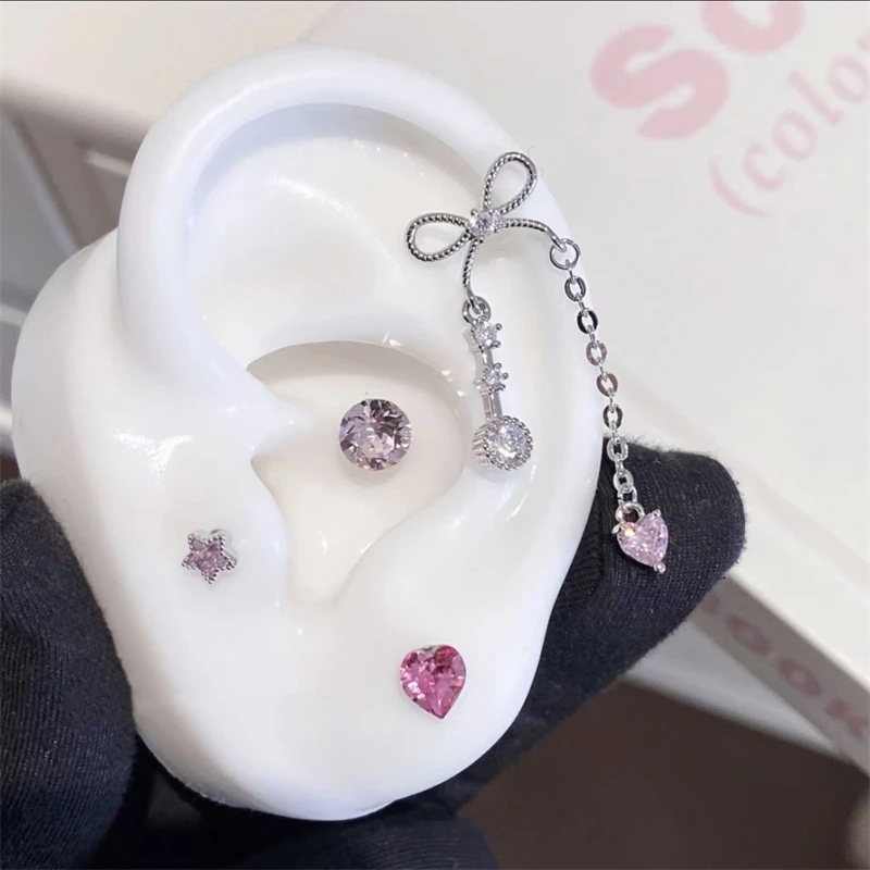 1pcs Bowknot Heart Long Pendant 316L Stainless Steel Ear Bone Nail for Women Silver Color Cochlear Nail Earring Y2K Punk Jewelry