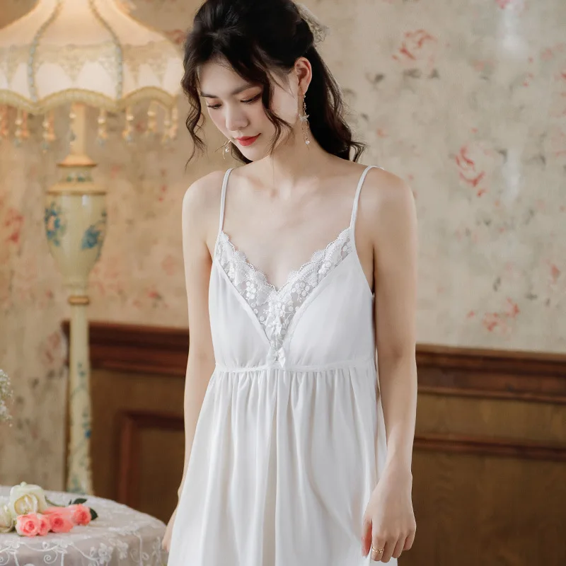 Sexy Lace Cotton Night Dress Women Sleeveless Fairy Blue V Neck Sleepwear Princess Nightwear Embroidery Vintage Mini Nightgowns