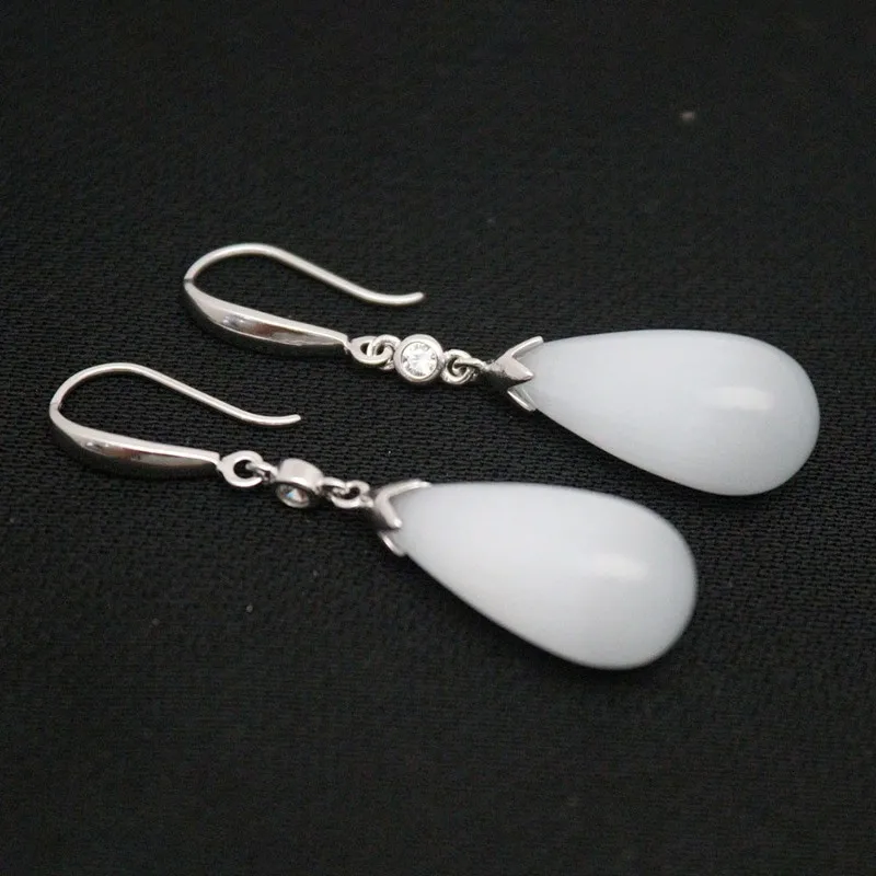 

Real Solid 925 Sterling Silver Dangle Women Lucky White Opal Water Drop Earrings