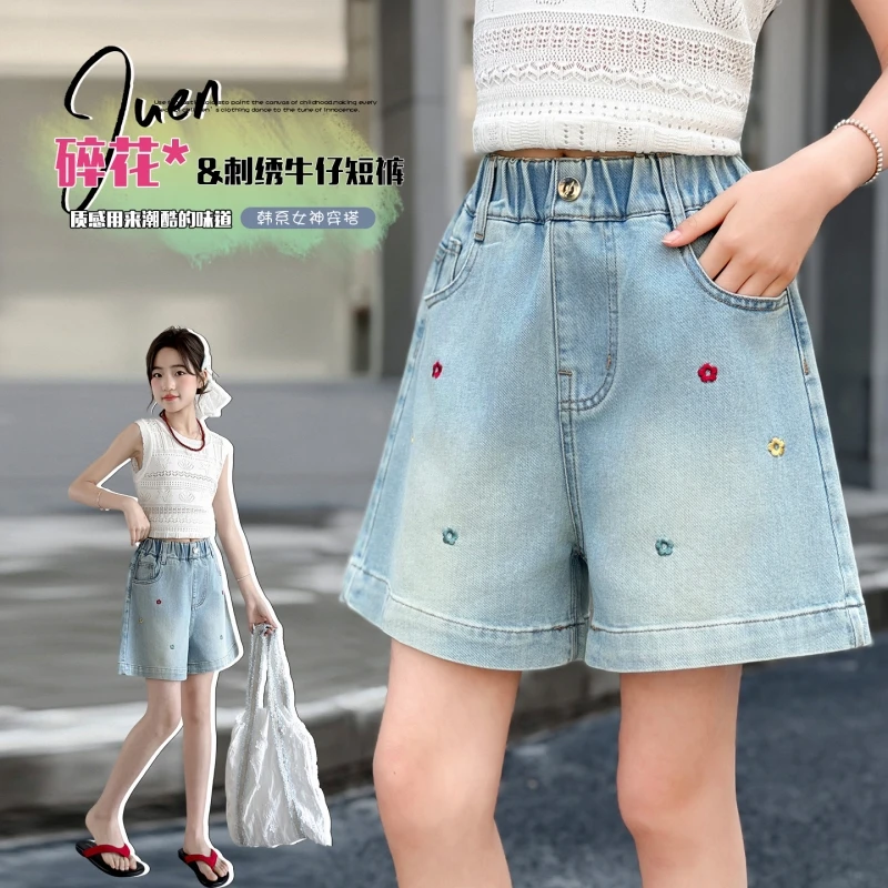 

Girls Summer Denim Shorts Colorful Flower Embroidery Casual Loose Wide Leg Jeans Elastic Waist For Kids 6-16Y Easy Care