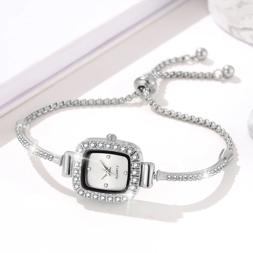 6PCS/Set Women Silver White Watch Square Diamond Face Dial Quartz Wristwatch Alloy Bracelet Watch Jewelry Set Gift For Mom