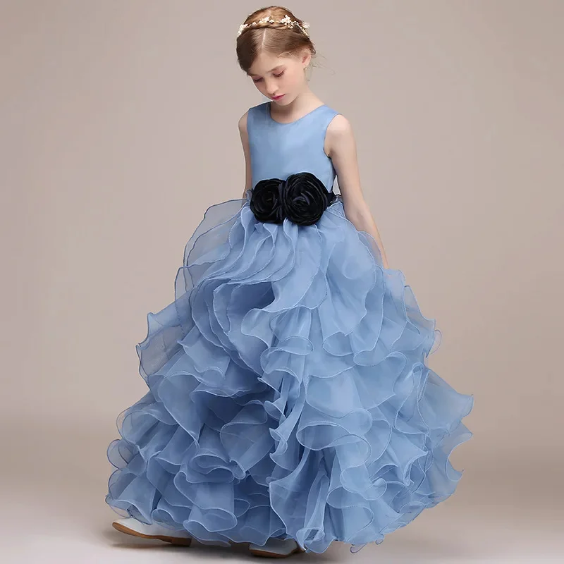 

Customized Blue Flower Girl Dress For Wedding Tiered Tulle Sleeveless Floor Length Elegant Kids Birthday First Communion Gown