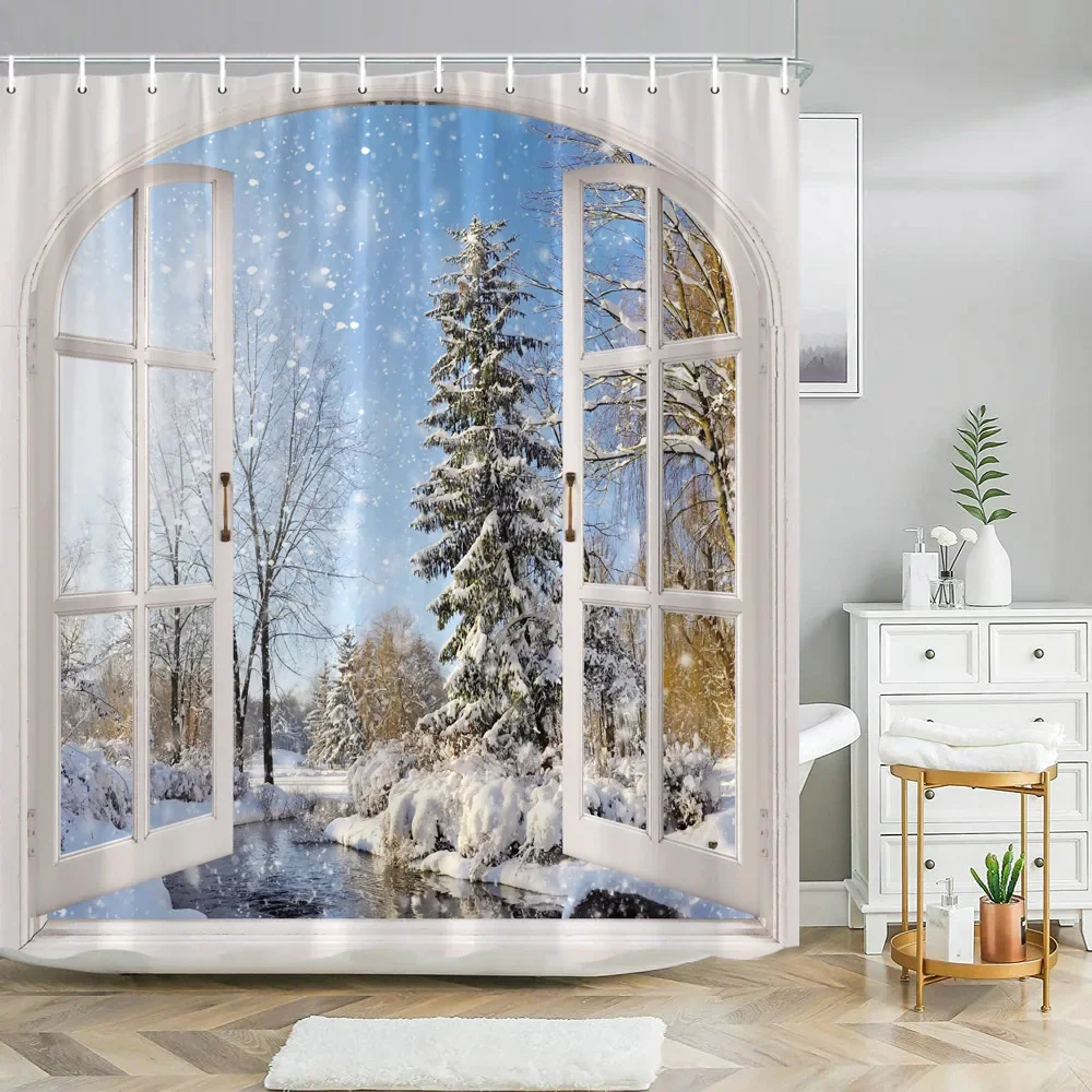 Winter Snow Fir Forest Christmas Tree Bathroom Shower Curtain Set Natural Scenery Waterproof Hanging Curtains Bathtub Accessory