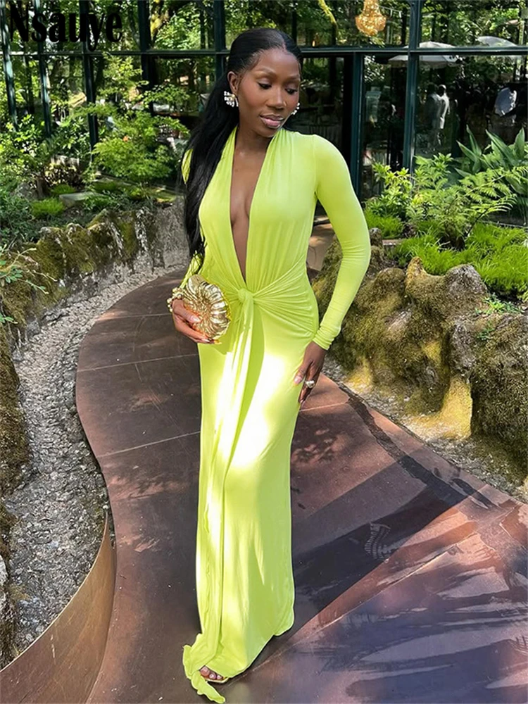 Nsauye Women New Fashion Vintage Elegant Holiday Low Cut Out V Neck Maxi Long Sleeve Dress Sexy Club Party Evening Dress 2025