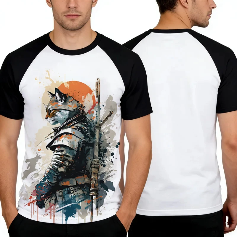 

Summer Samurai Cat Printed T Shirt Men Funny Animal Graphic Crew Neck Short Sleeve Tees Japanese Anime Style Men's Clothing Tops