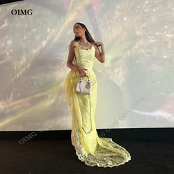 OIMG Modern Yellow Saudi Mermaid Prom Gowns Dresses Sleeveless Lace Side Split Floor Length Dubai Floral Evening Party Dress