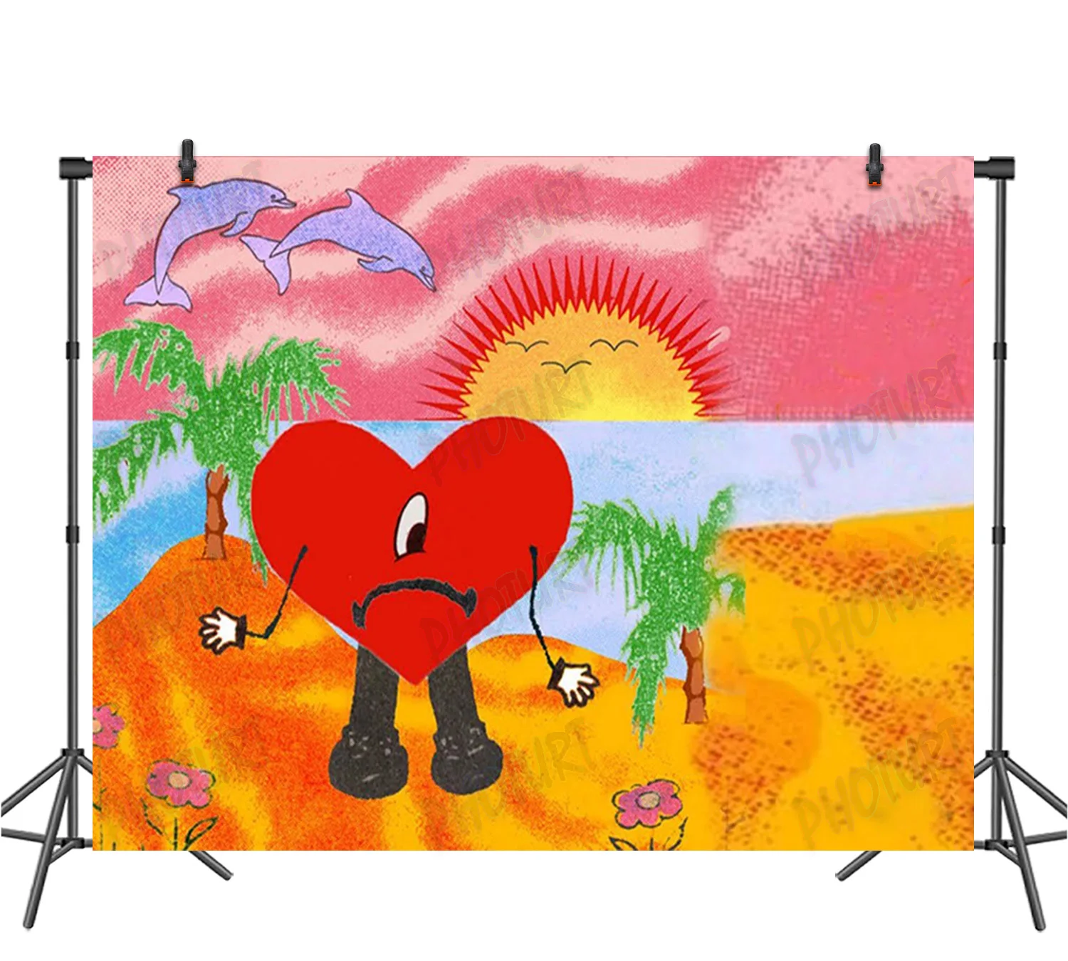 PHOTURT Bad Bunny Backdrop Kids Birthday Decoration Background Beach Sunset Red Heart Vinyl Photography Photo Studio Props