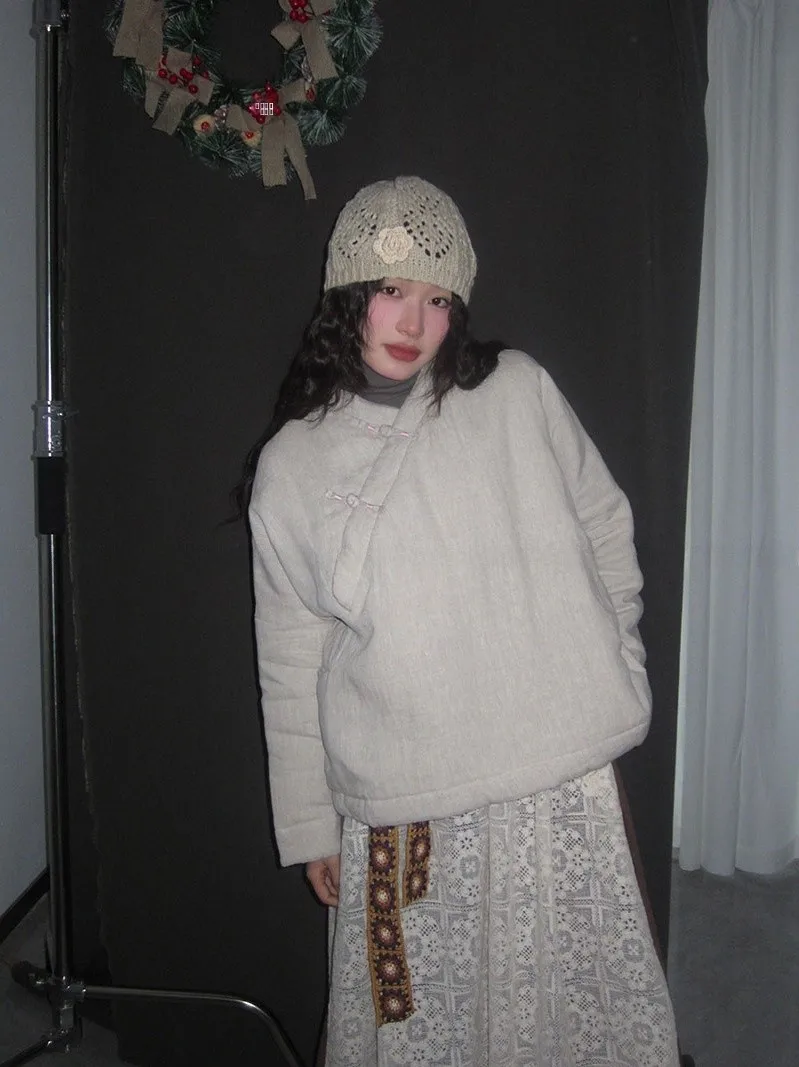 

Новая женская зимняя куртка в стиле ретро, китайский дизайн, с цветными блоками, на пуговицах, из хлопка, с воротником-стойкой, утепленная, с длинными рукавами