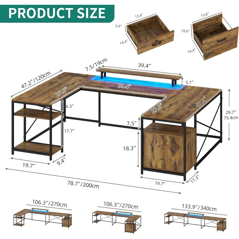 L-Shaped reversível Computer Desk com Tomadas Elétricas e Luzes LED, 79 "Desk with Monitor Stand and Storage Shelf