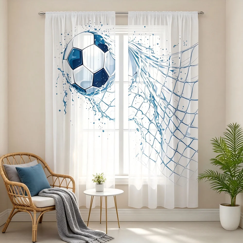 2PCS Digital Print Sheer Curtain, Water Net Soccer, Sport Game Active Ball Play - Voile Drapes for Bedroom Living Room Decor