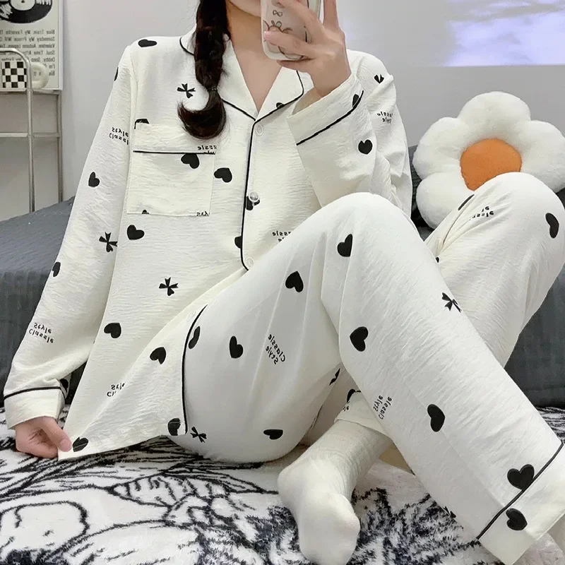 Plus Size Cloud Cotton Pajamas Women\'s Spring and Autumn Long-sleeved Long Pants 2 Piece Set Home Suit Korean Sweet Loungewear