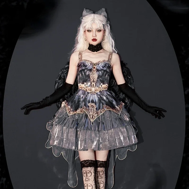 

Gothic Style Harajuku Y2k Grey Layered Cake Dresses Girls Kawaii Cute Dress Japanese Victorian Vintage Lolita Halter Dress Women