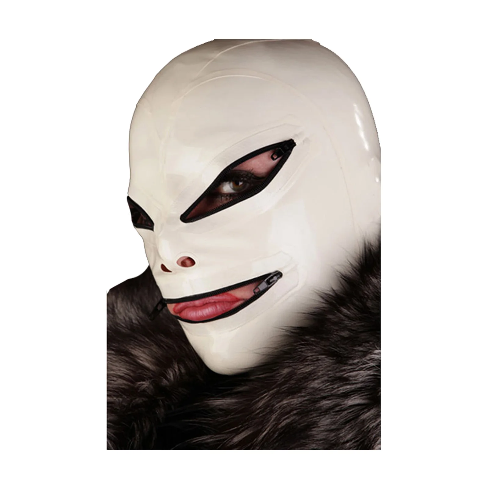 

MONNIK White Latex Unisex Hood Rubber Mask Pseudo Face Style with Eyes&Mouth Zipper for Latex Catsuit Fetish Halloween Party