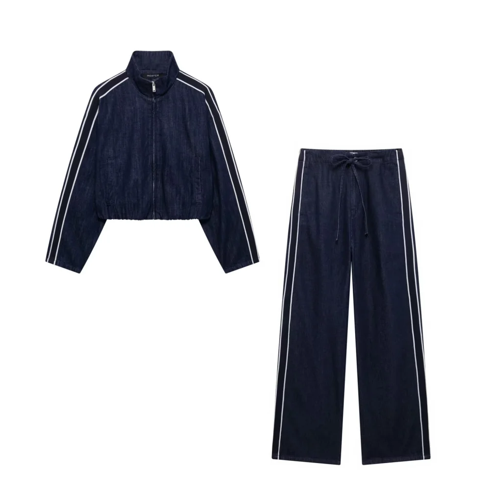 2025 BM&MD&ZA Women's Casual Set Navy Blue Zip Up Jacket with Stripes and Matching Wide Leg Drawstring Pants