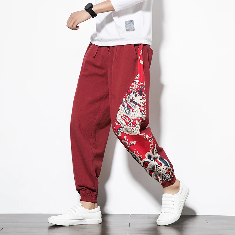 Summer Cotton Linen Casual Pants Men Dragon Pattern Print Patchwork Men's Trousers Loose Breathable Harem Pants for Women