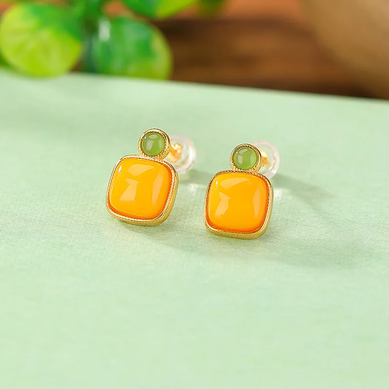 S925 Sterling Plated Hetian Jade Jasper Amber Square Color-Block Geometric Silver Earrings