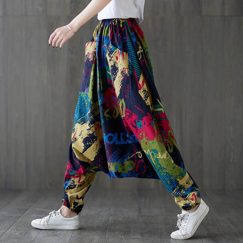 Baggy Cotton Linen Print Bloomers Women Thai Indian Harem Pants Loose Elastic Waist Aladdin Nepal  National Style Lantern Pants