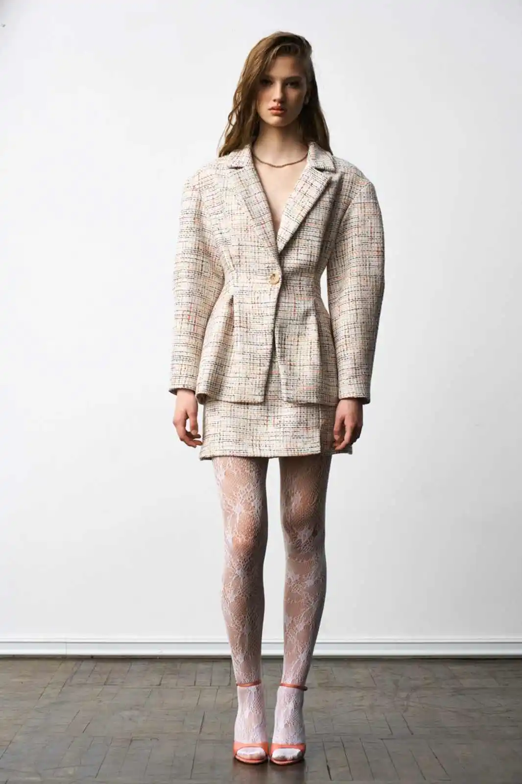 Chic Plaid Tweed Ladies 2‑Piece Outfit Notched Lapel Peplum Waist Blazer Short Skirt Set Daily Business Party Suit Customized