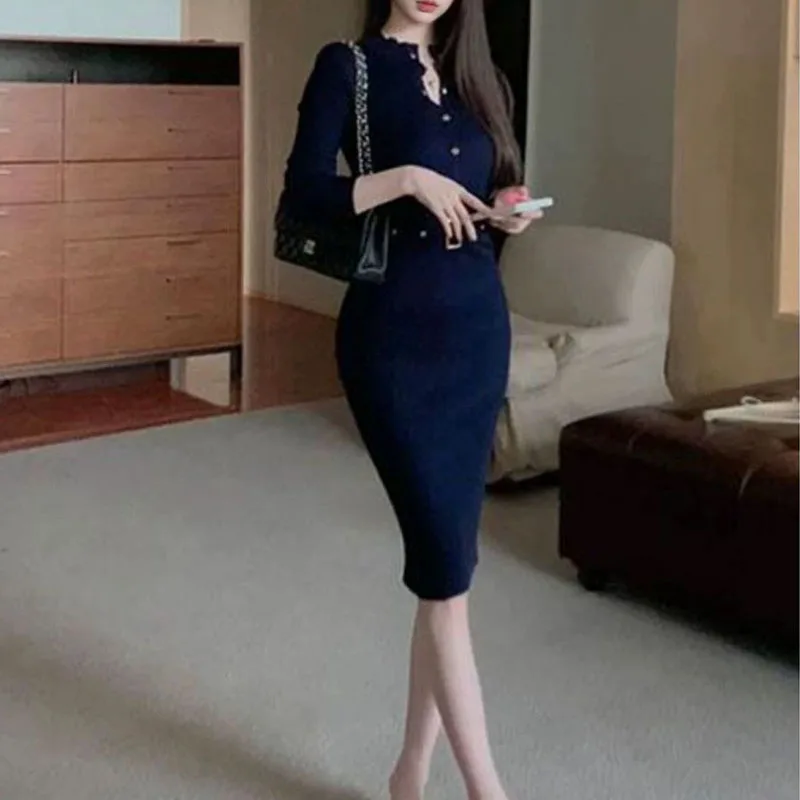 Large Size Korean Female Socialite Niche Dress Sashes Corset Sexy Bag Hip Ingle-breasted Long Sleeve Solid Color Midi Dresses