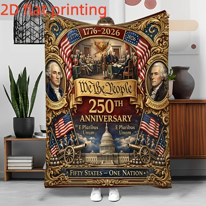 Vintage US 250 Years Independence Capitol Pattern Flannel Blanket Cozy Plush Bedspread Portable Travel Blanket for Sofa Bedroom
