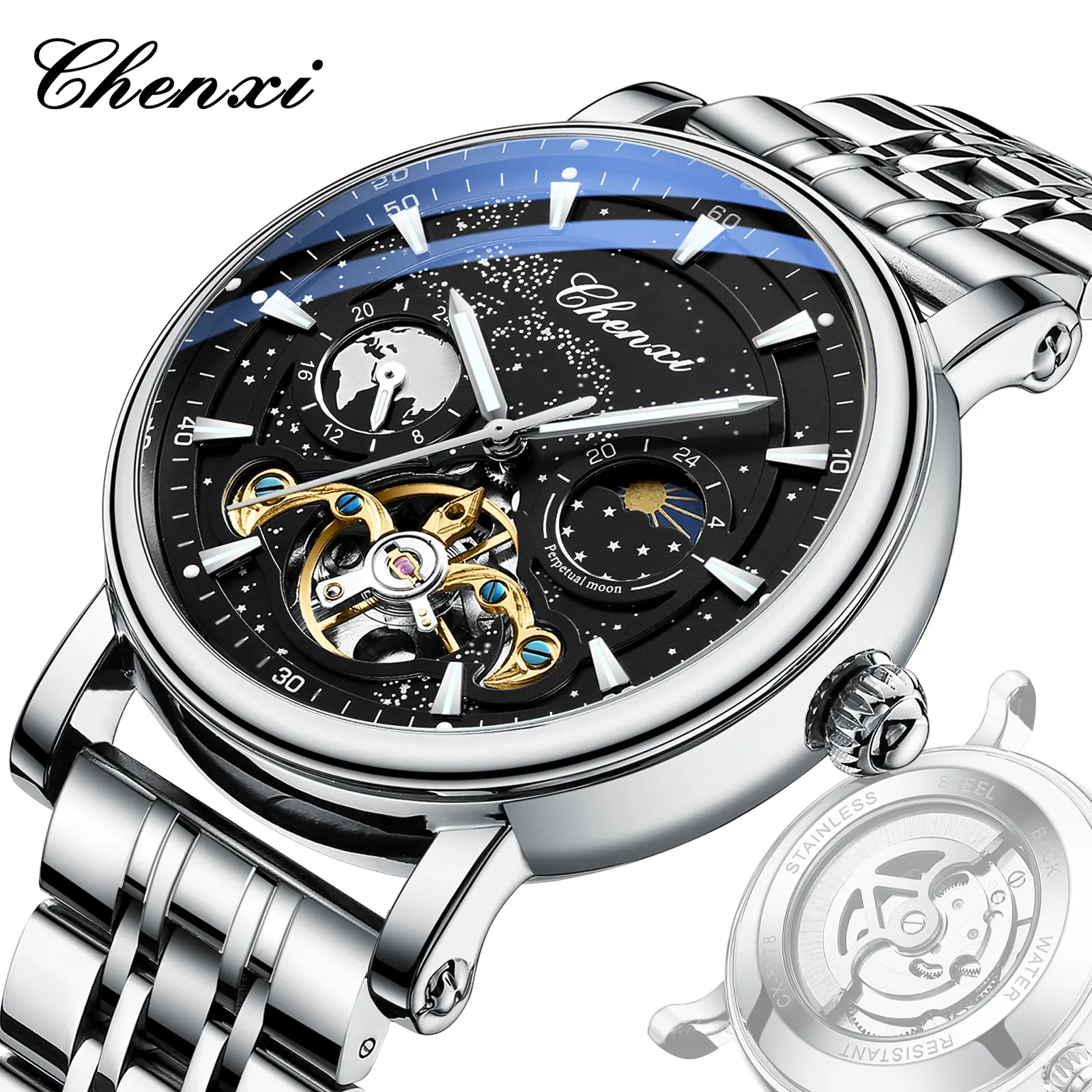 Automatic Mechanical Starry Dial Watches For Men Fashion Moon Phase Skeleton Watch Luxury Stainless Steel Waterproof Wristwatch