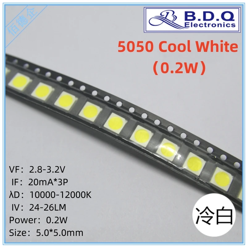 

100Pcs SMD LED 5050 Cool White LED Lamp Beads Size 5050 Light-emitting Diode High Bright Quality