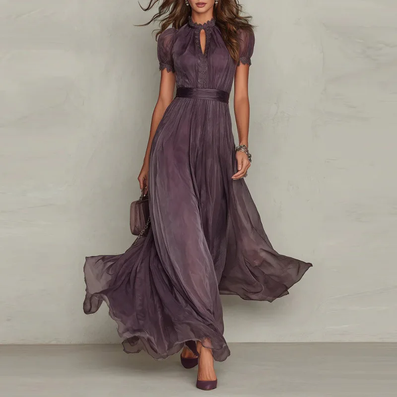 

V Neck Maxi Dress Women Spring Summer Waist Cinching Dresses Ruffle Hem Chiffon Flowy Evening Gown Party Outfit Clothes